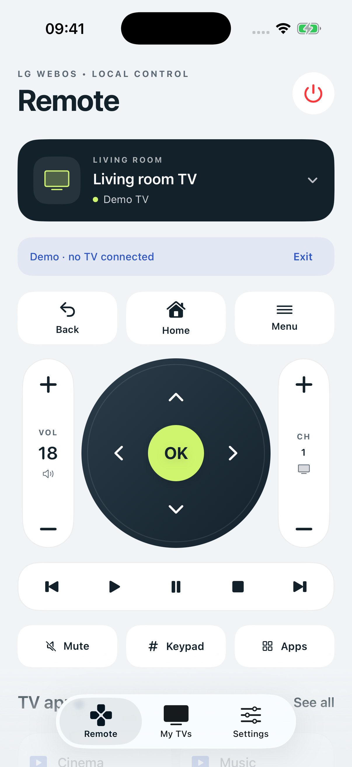 Version 1.1 of LG Mobile Control in labeled demo mode, with a circular directional pad, wide volume and channel rockers, playback controls and app shortcuts.
