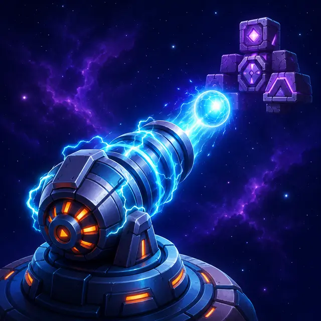 A futuristic orbital cannon fires a glowing blue shell toward purple blocks in space.