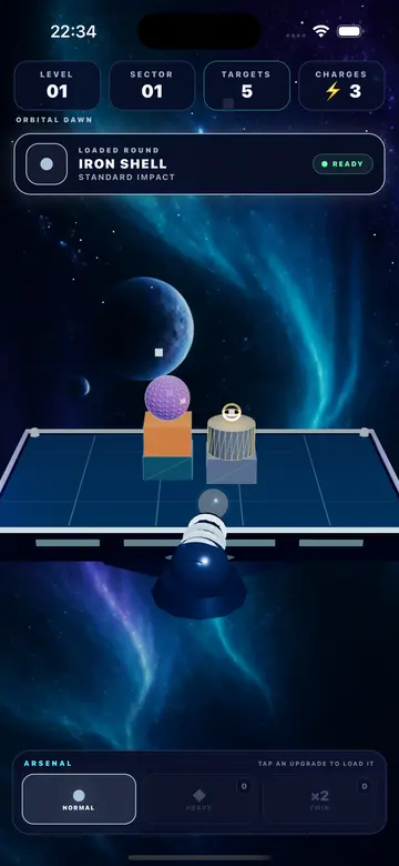Cannon Hit gameplay showing the orbital cannon aimed at a structure on the deck.