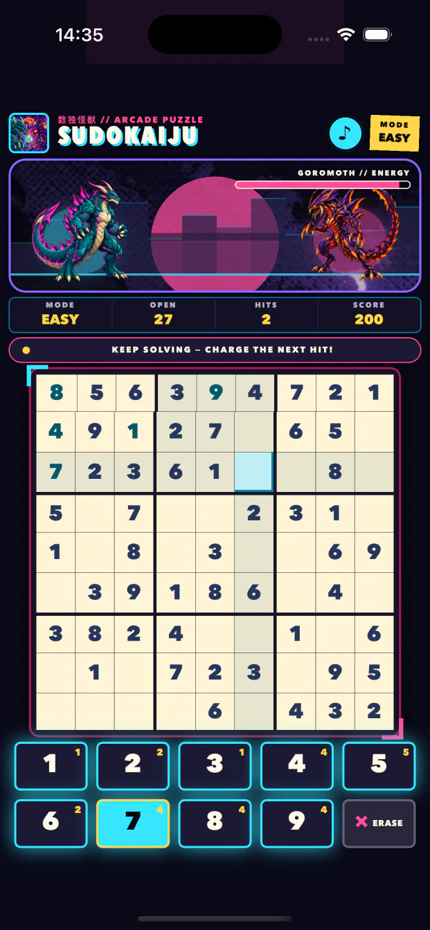 A partly solved SUDOKAIJU grid after two successful hits, with Goromoth's energy reduced.