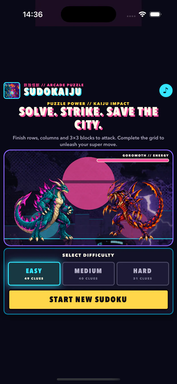 SUDOKAIJU start screen with Shinka and Goromoth facing each other above three difficulty choices.