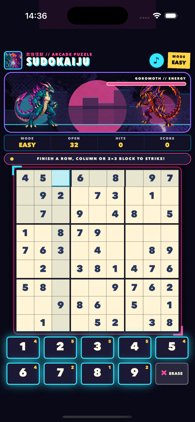 SUDOKAIJU battle screen showing a Sudoku grid, number controls, score, and Goromoth's energy bar.